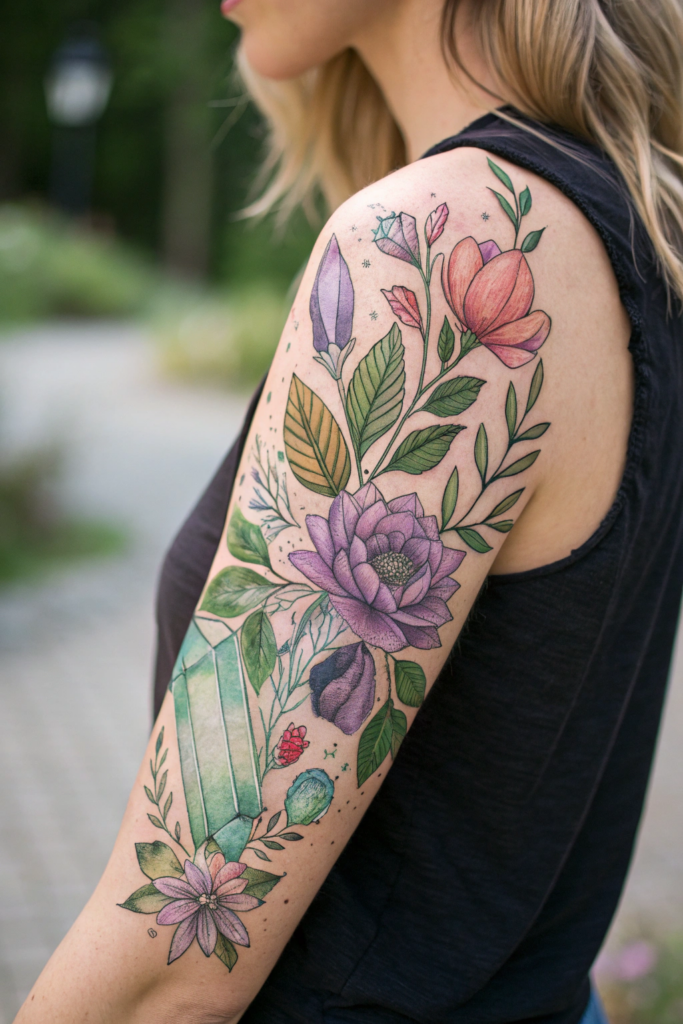 Botanical Tattoo Sleeve Ideas: 17. Crystal Garden: Gemstones and Flora Fusion