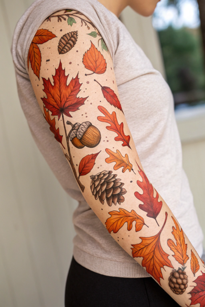 Botanical Tattoo Sleeve Ideas: 18. Autumn Reverie: Falling Leaves and Warm Hues