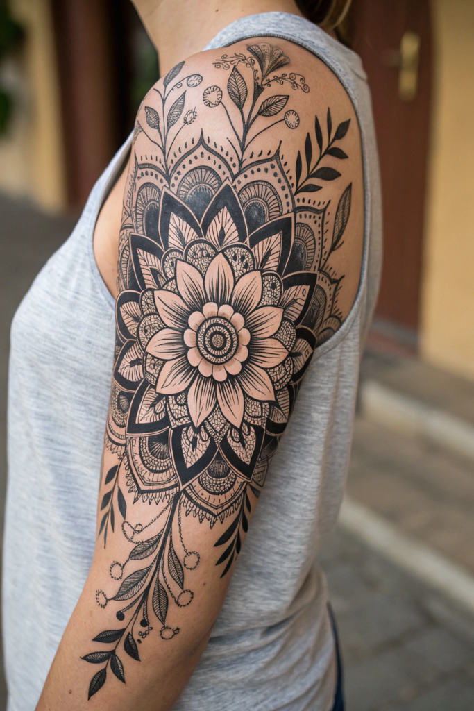 Botanical Tattoo Sleeve Ideas: 19. Floral Mandala: Symmetrical Blooms and Intricate Patterns