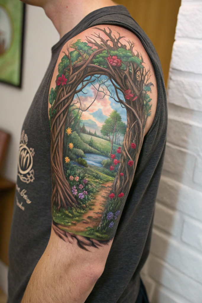 Botanical Tattoo Sleeve Ideas: 20. Wilderness Portal: A Window into Nature’s Heart