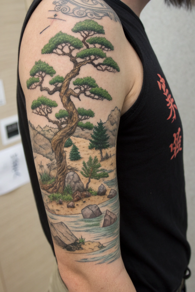 Botanical Tattoo Sleeve Ideas: 21. Bonsai Masterpiece: Miniature Trees and Zen Aesthetics