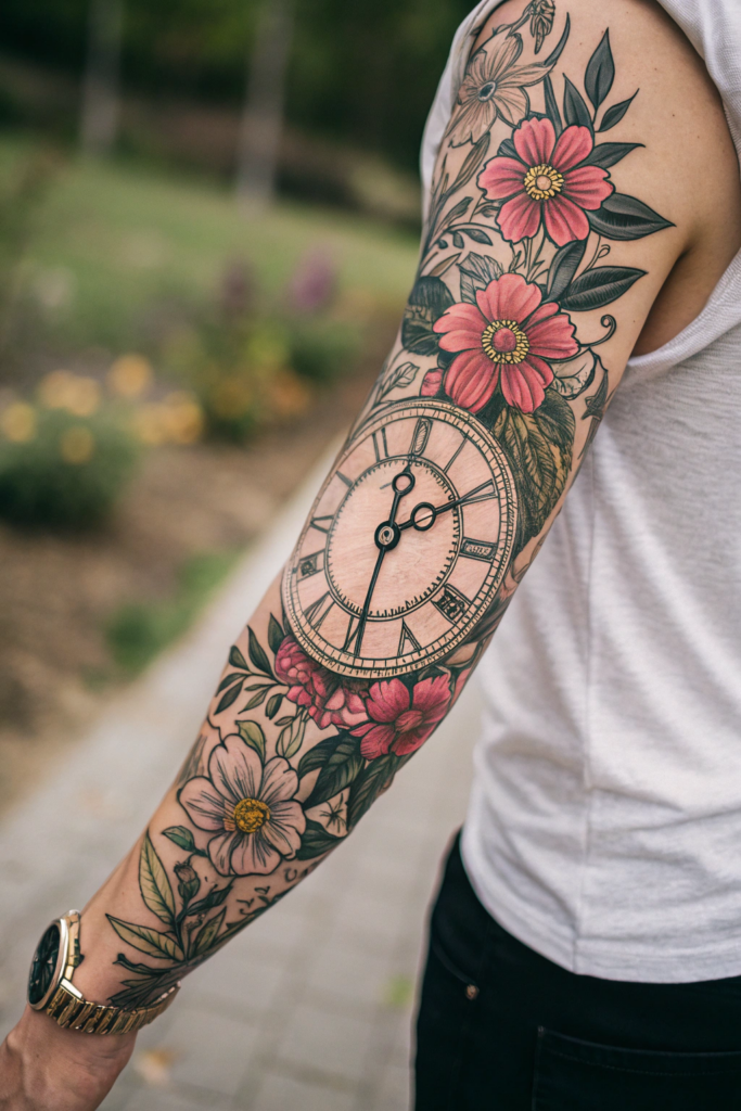 Botanical Tattoo Sleeve Ideas: 22. Floral Clock: Timepieces and Blooming Flowers