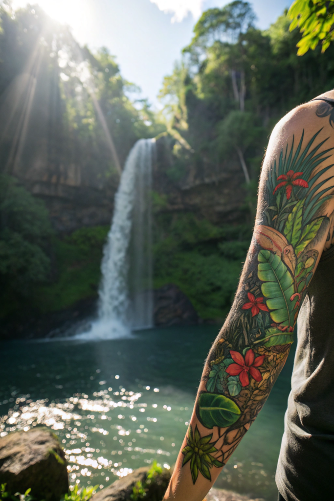 Botanical Tattoo Sleeve Ideas: 23. Jungle Waterfall: Cascading Waters and Tropical Flora