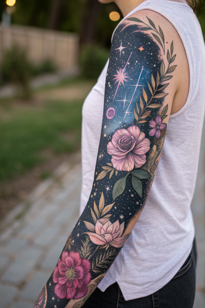 Botanical Tattoo Sleeve Ideas: 24. Celestial Blossoms: Starry Skies and Ethereal Flowers