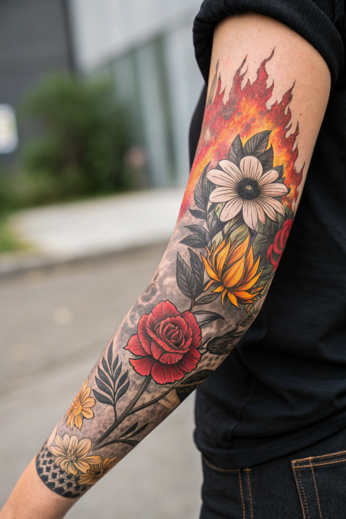 Botanical Tattoo Sleeve Ideas: 25. Fire and Flora: Blazing Flowers and Ashen Leaves