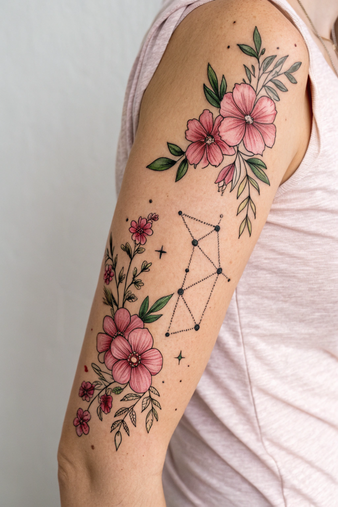 Botanical Tattoo Sleeve Ideas: 26. Floral Constellation: Star Maps and Blooming Patterns