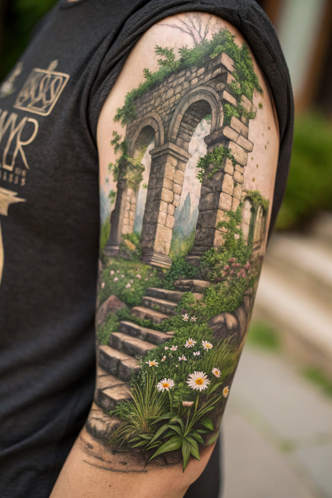 Botanical Tattoo Sleeve Ideas: 27. Mossy Ruins: Ancient Stones and Overgrown Greenery