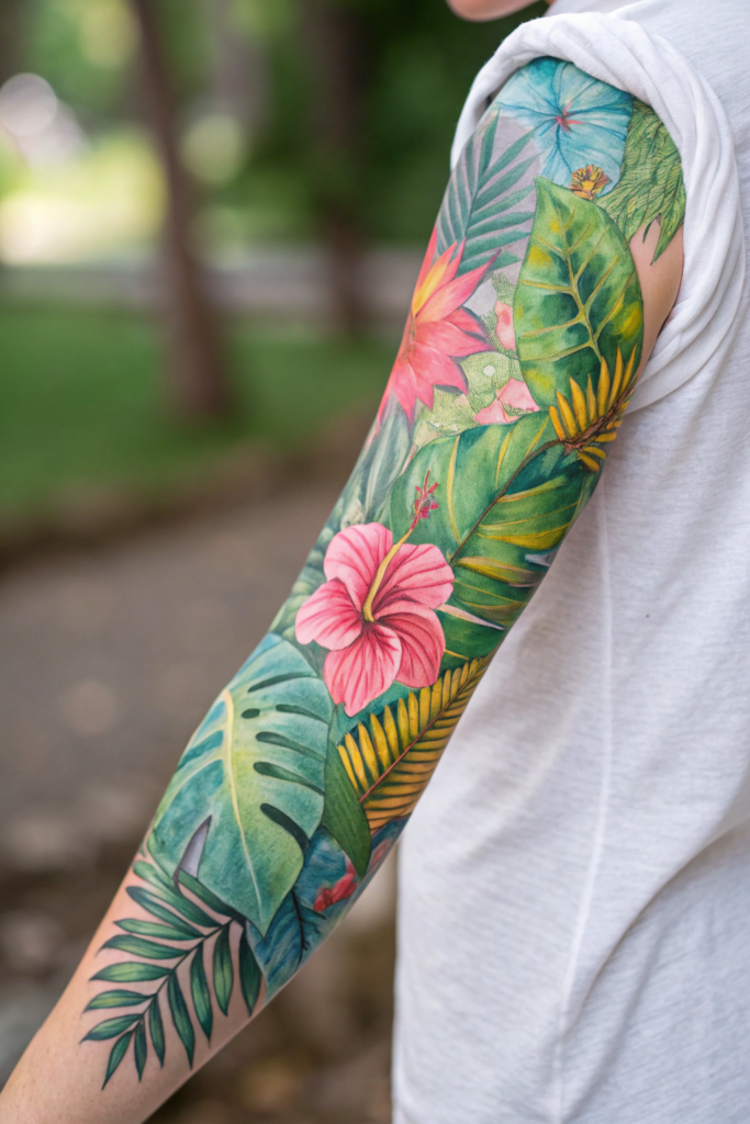 Botanical Tattoo Sleeve Ideas: 28. Rainforest Watercolor: Vibrant Splashes and Tropical Flora