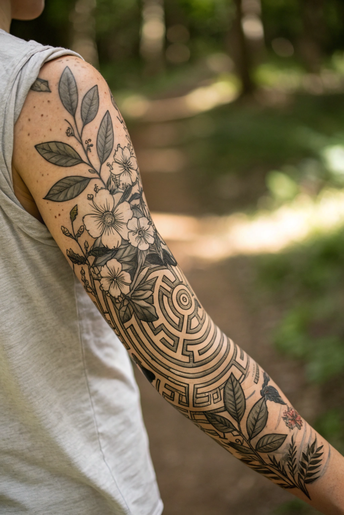 Botanical Tattoo Sleeve Ideas: 29. Floral Labyrinth: Twisting Vines and Hidden Pathways