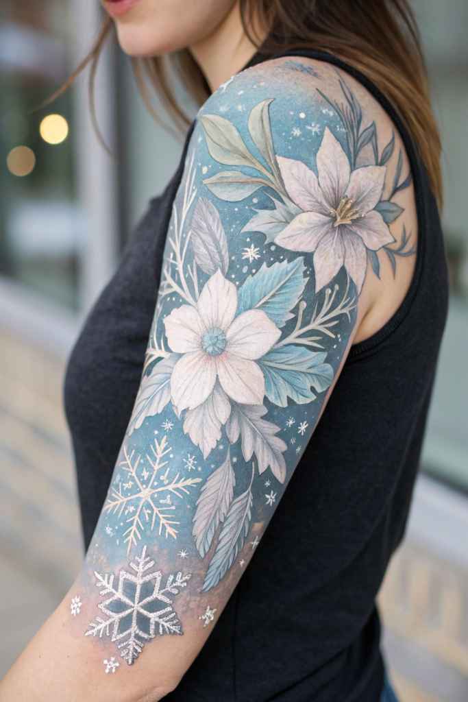 Botanical Tattoo Sleeve Ideas: 30. Arctic Bloom: Frosted Flowers and Icy Details