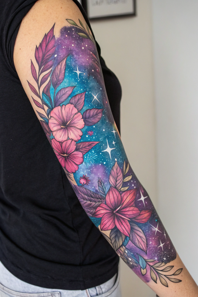 Botanical Tattoo Sleeve Ideas: 31. Floral Galaxy: Cosmic Blooms and Starry Skies