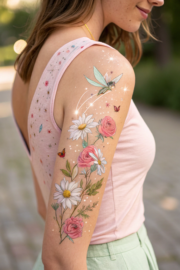 Botanical Tattoo Sleeve Ideas: 32. Enchanted Meadow: Whimsical Flowers and Fairy Dust