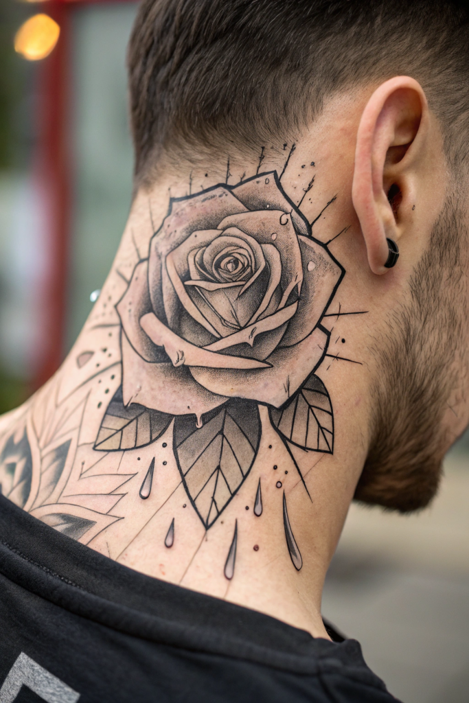 Rose Neck Tattoo Ideas: 1. Shattered Glass Rose with Dripping Petals