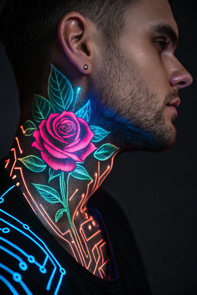 Rose Neck Tattoo Ideas: 2. Cyberpunk Neon Rose with Circuit Vines