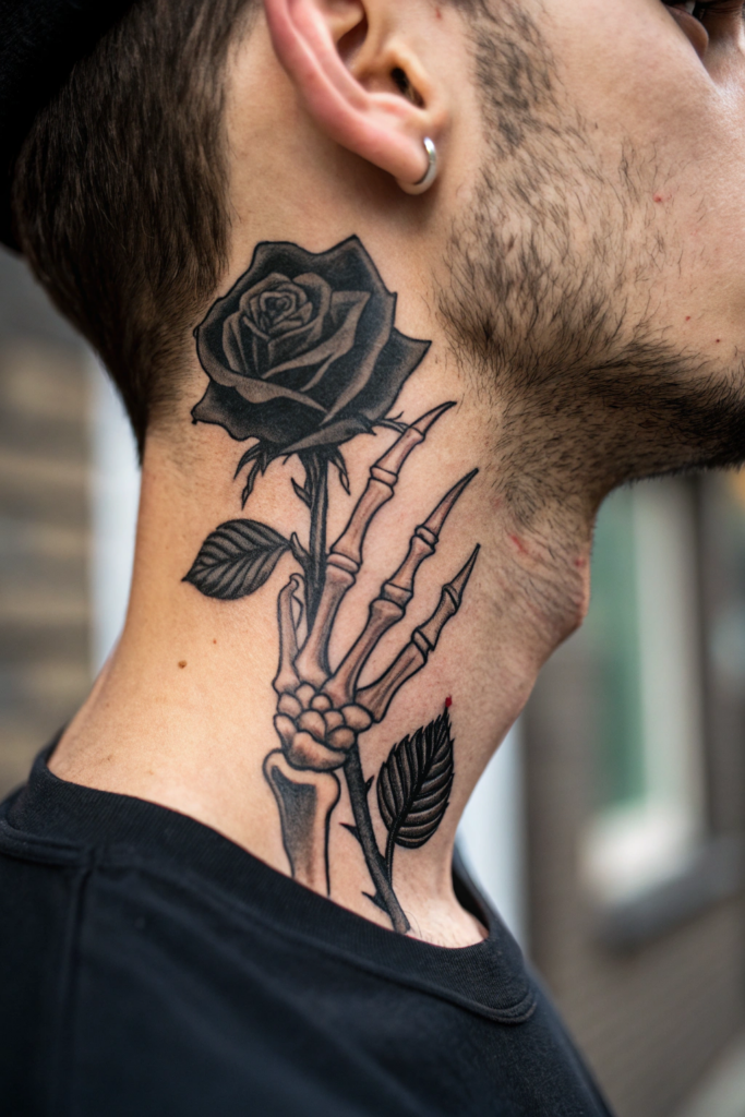 Rose Neck Tattoo Ideas: 3. Gothic Skeleton Hand Holding a Black Rose