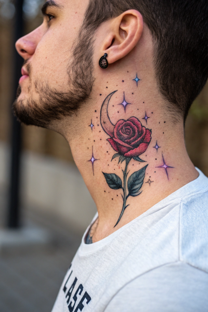 Rose Neck Tattoo Ideas: 4. Celestial Rose with a Crescent Moon and Stars