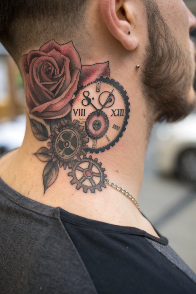 Rose Neck Tattoo Ideas: 5. Clockwork Rose with Gears and Roman Numerals