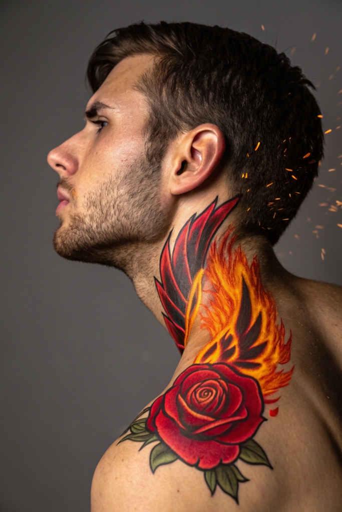 Rose Neck Tattoo Ideas: 6. Fiery Phoenix Rose Rising from Ashes