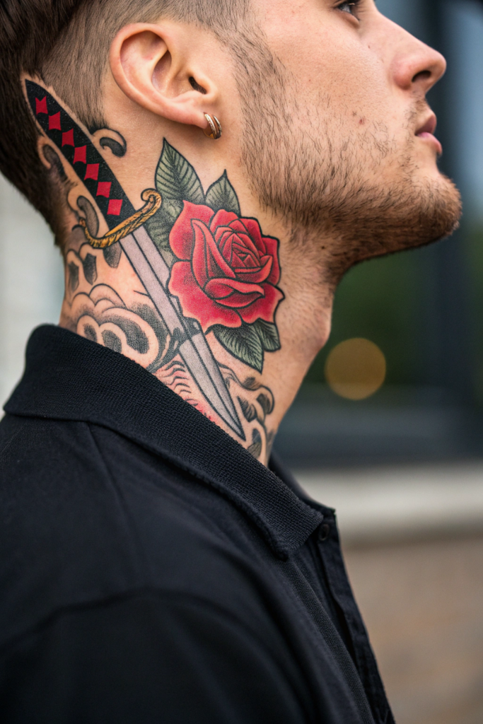 Rose Neck Tattoo Ideas: 7. Samurai Rose with Katana Petals