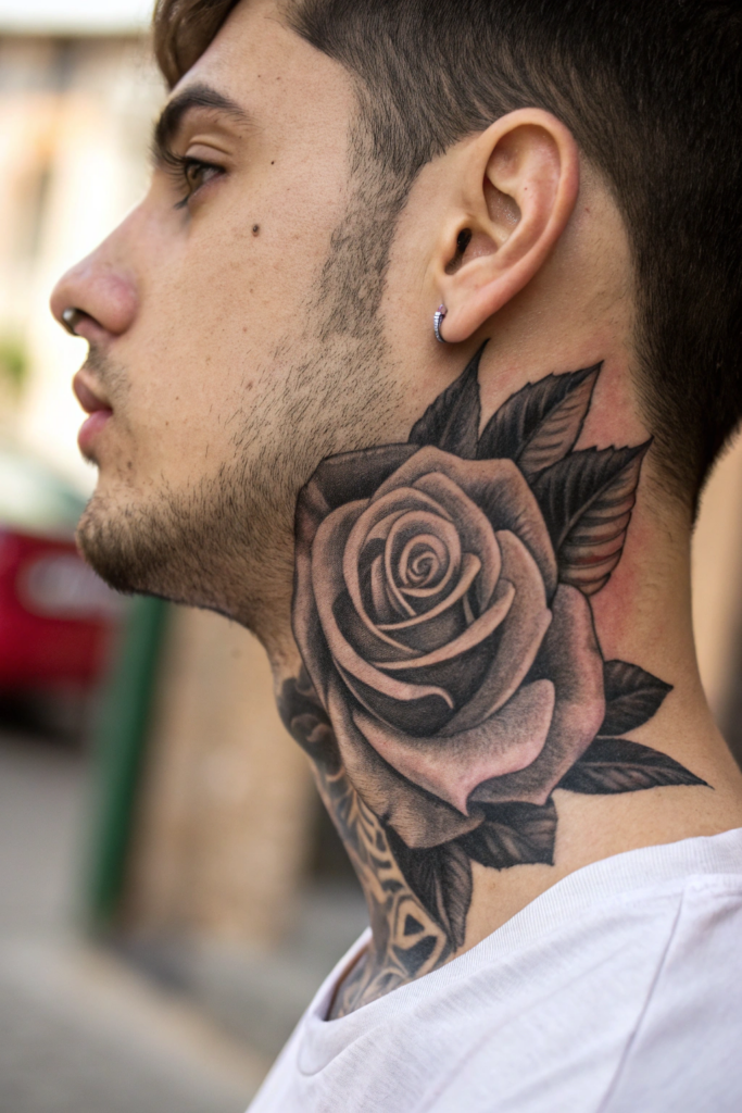 Rose Neck Tattoo Ideas: 8. Optical Illusion Rose with Hidden Faces