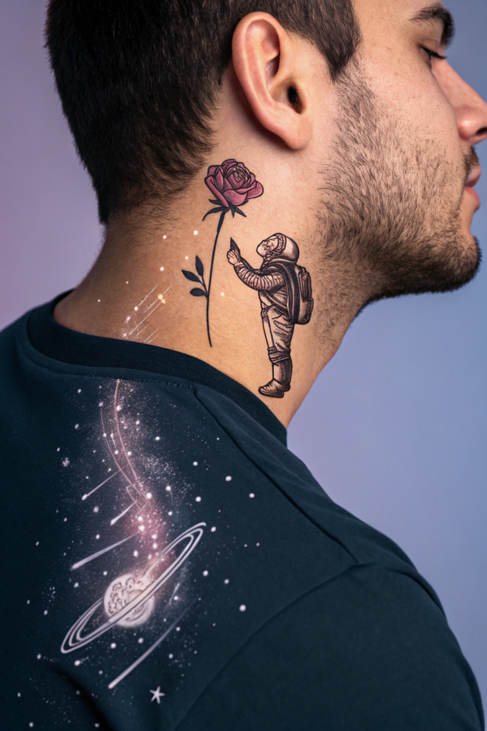 Rose Neck Tattoo Ideas: 9. Astronaut Holding a Floating Rose in Space