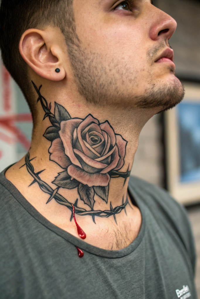 Rose Neck Tattoo Ideas: 10. Thorny Barbed Wire Rose Wrapping Around the Neck