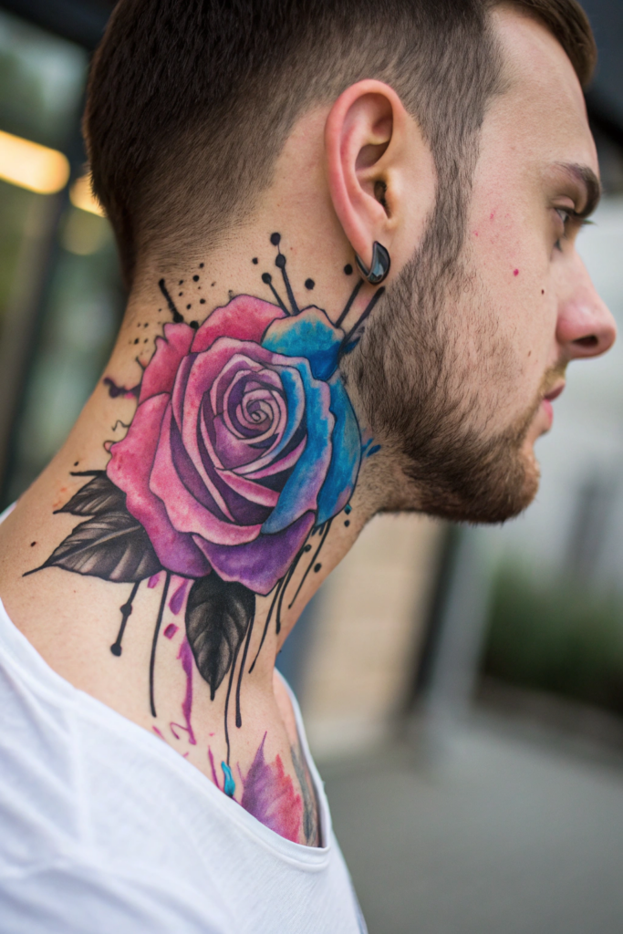 Rose Neck Tattoo Ideas: 11. Watercolor Rose with Ink Splashes