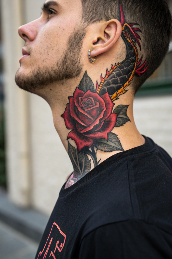 Rose Neck Tattoo Ideas: 12. Dragon Rose with Scaly Petals and Fire Breath