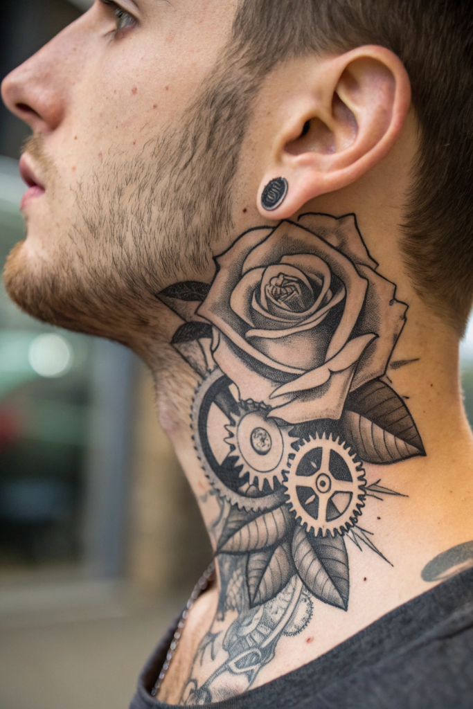 Rose Neck Tattoo Ideas: 14. Mechanical Rose with Exposed Gears and Wires