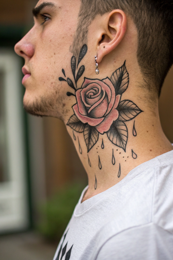 Rose Neck Tattoo Ideas: 15. Crying Rose with Melting Petals and Tear Drops