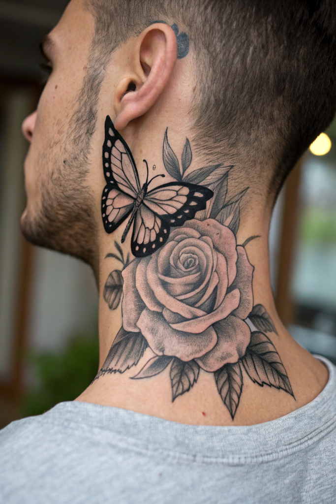 Rose Neck Tattoo Ideas: 16. Rose and Butterfly Fusion with Flowing Wings