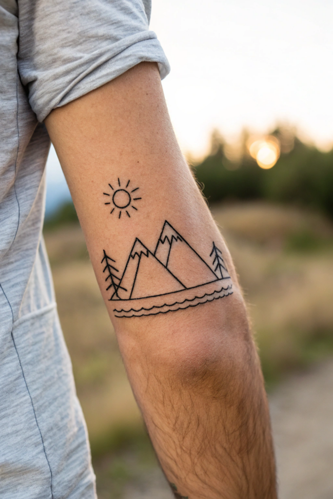 Small Tattoo Ideas: 1. Minimalist Mountain Range with a Sun