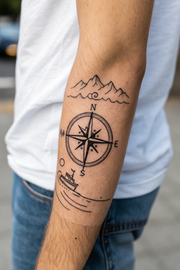 Small Tattoo Ideas: 8. Hand-Drawn Compass with Subtle Waves