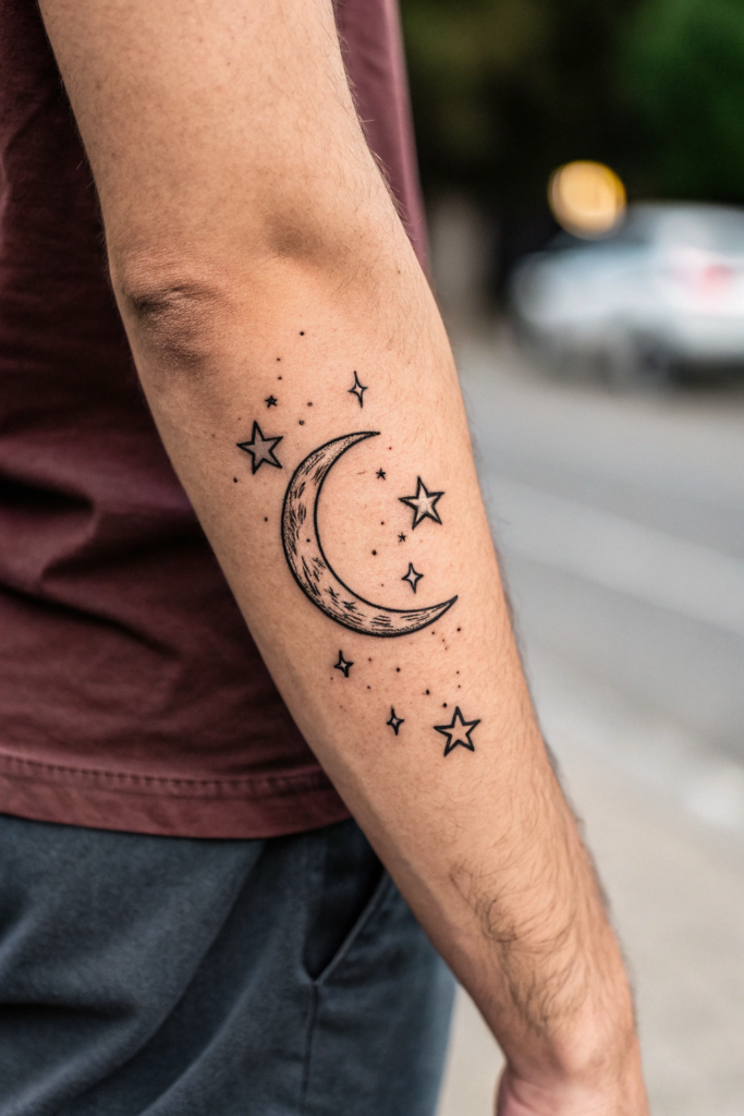 Small Tattoo Ideas: 11. Crescent Moon with Tiny Stars