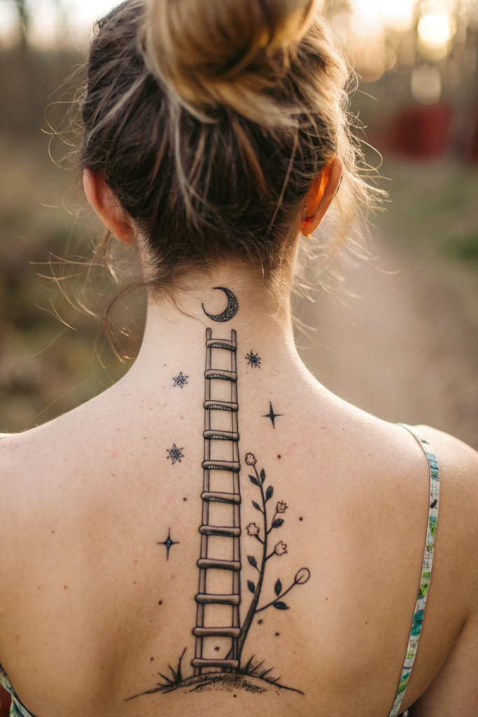 Spine Tattoos Ideas: 1. Celestial Ladder: From Earth to the Stars