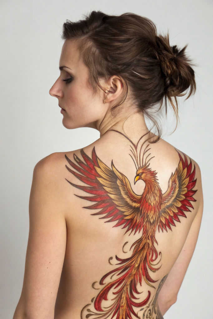 Spine Tattoos Ideas: 4. Phoenix in Flight: Rising Through Flames