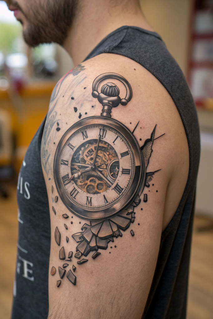 Micro-Realism Tattoos: Shattered Timepiece: A Broken Pocket Watch Suspended in Motion