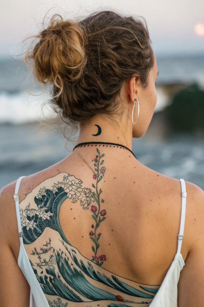 Spine Tattoos Ideas: 10. Oceanic Wave: Tides of Emotion