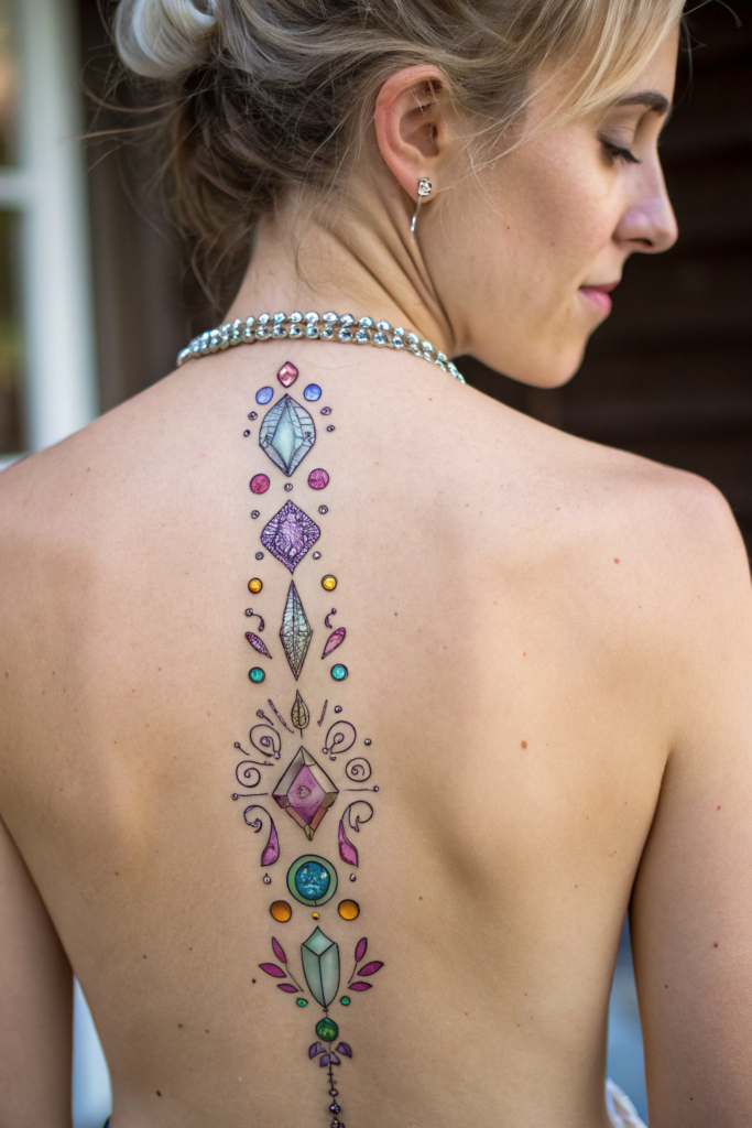 Spine Tattoos Ideas: 15. Crystal Cascade: A Sparkling Gem Path