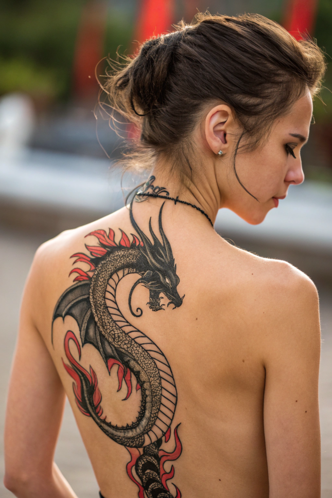 Spine Tattoos Ideas: 16. Dragon's Descent: Guardian of Power