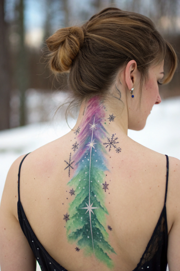 Spine Tattoos Ideas: 17. The Aurora Path: Northern Lights on the Spine