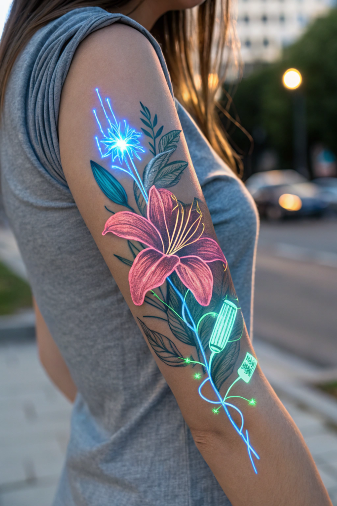 Flower Tattoo Ideas: 2. Cyberpunk Floral Circuit: A Futuristic Flower Tattoo