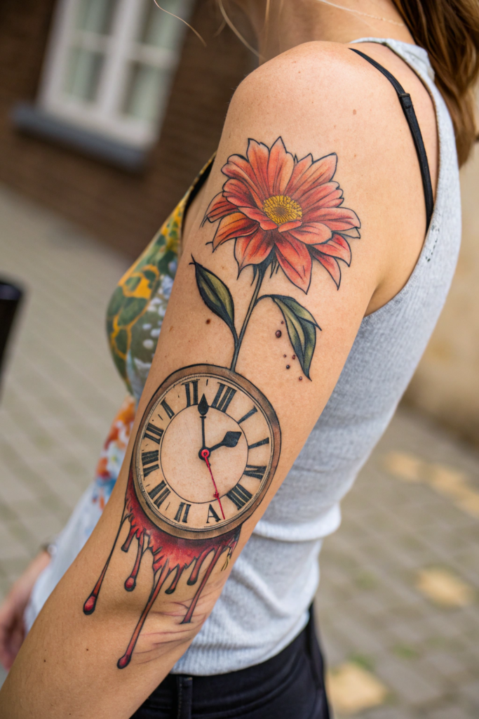 Flower Tattoo Ideas: 3. Blooming Timepiece: A Flower Growing from a Melting Clock