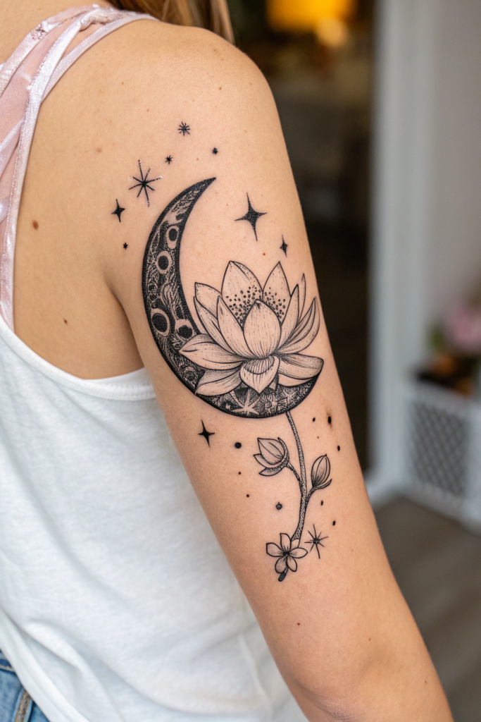 Flower Tattoo Ideas: 7. Lunar Blossom: A Flower Blooming from a Crescent Moon