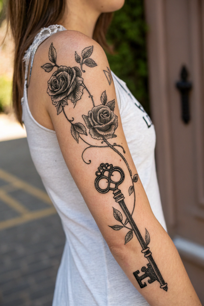 Flower Tattoo Ideas: 12. The Eternal Vine: A Flower Wrapping Around a Skeleton Key