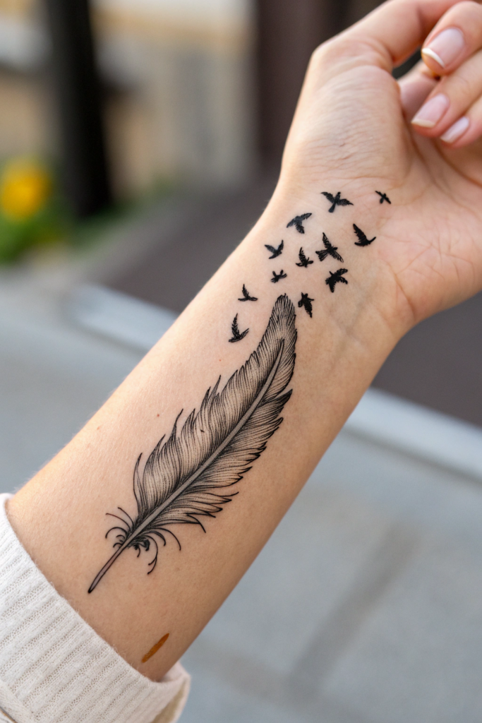 Wrist Tattoos for Women Ideas: 5. Feather with Birds in Flight