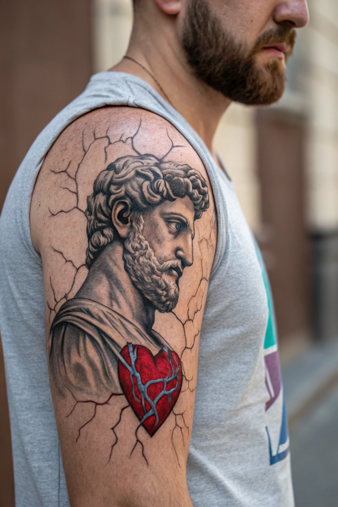 Micro-Realism Tattoos: A Cracked Statue with a Beating Heart Inside