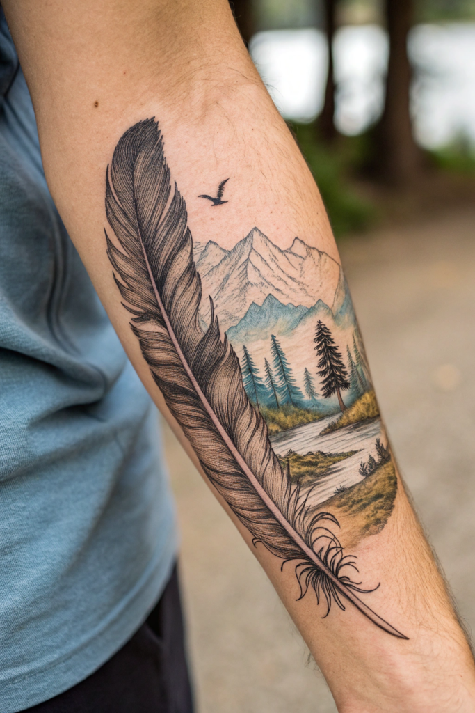 Micro-Realism Tattoos: A Floating Feather with a Hidden Landscape