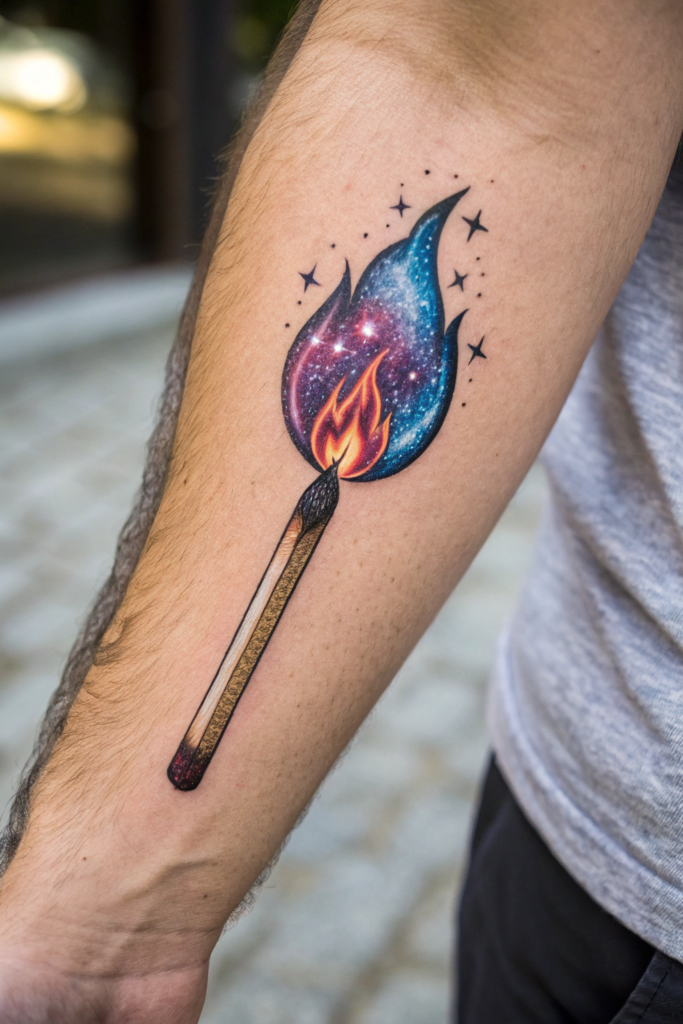 Micro-Realism Tattoos: A Realistic Matchstick with a Tiny Galaxy Flame