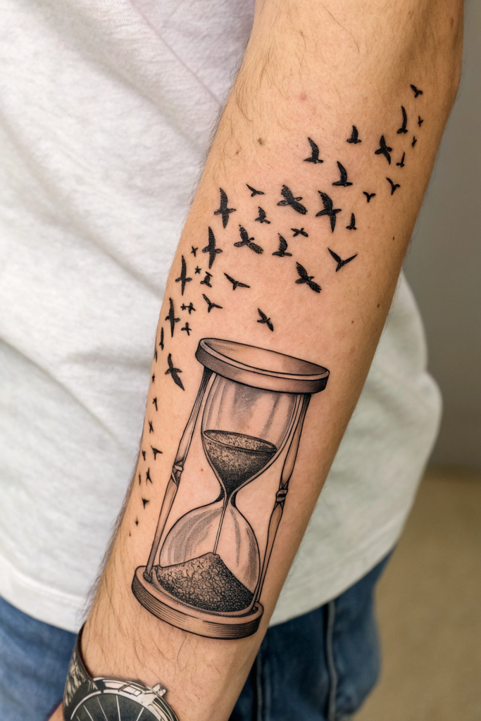 Micro-Realism Tattoos: A Pocket-Sized Hourglass with Sand Turning into Birds